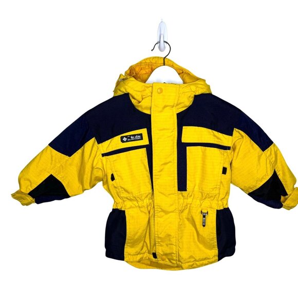 Vintage 90s Columbia Kid's Yellow & Blue Hooded Puffer Parker Jacket, Size 4-5